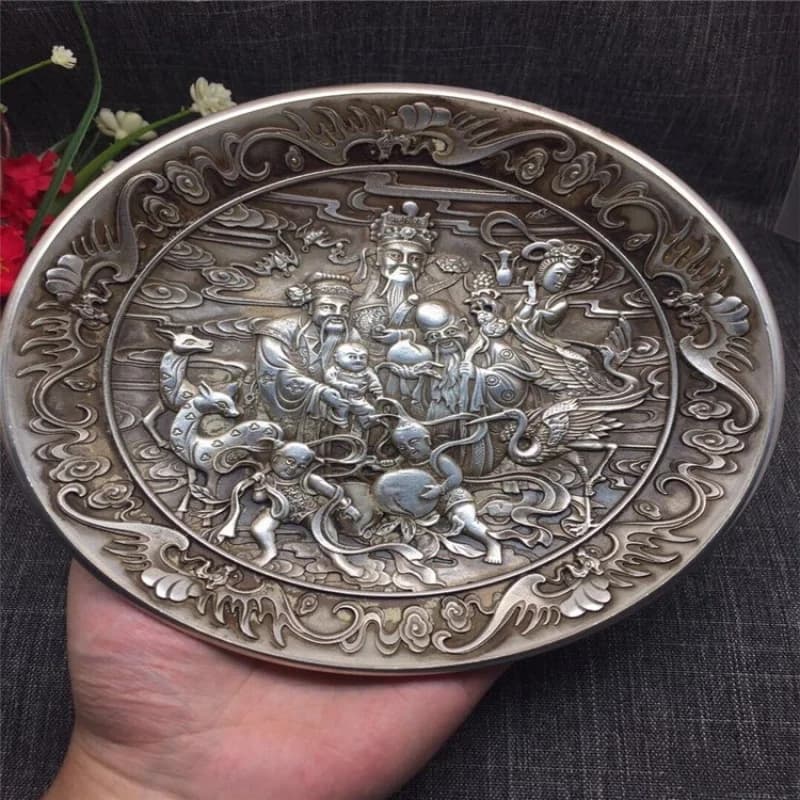 Antique miscellaneous items, distressed handicrafts, copper plates, carved copper trays with the characters "Fu, Lu, Shou, Xi,"