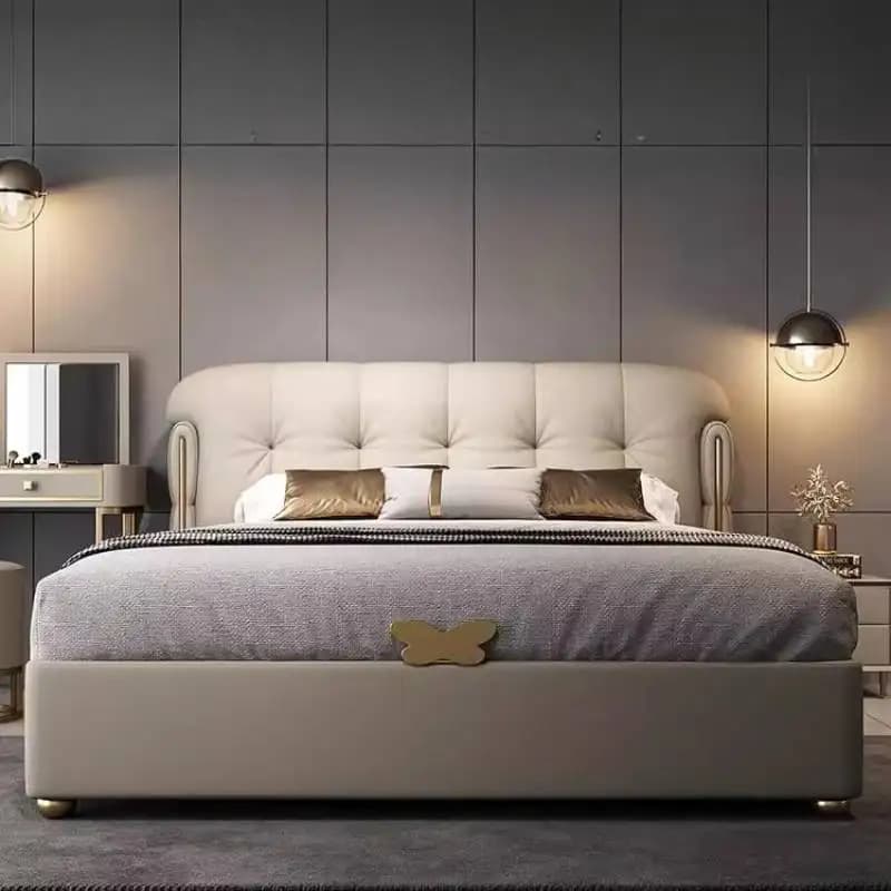 Nordic Unique Beige Bed Couples Designs Modern Luxury King Size Bed Bedroom Double Headboards Camas Matrimoniales Furniture