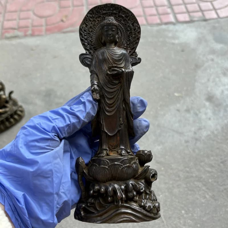 Boxwood of the Three Western Saints Buddha Figures: Amitabha, Guanyin, Mahasthamaprapta - Solid Wood Carving Vintage Cra