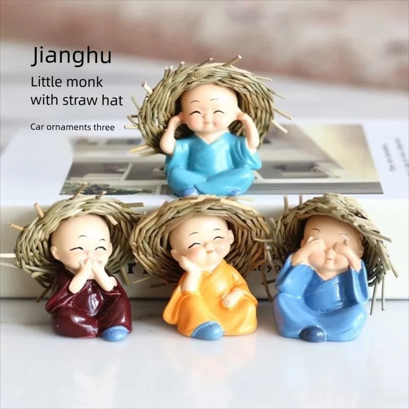 Straw Hat Four Little Monk Car Washing Figurine Sculpture Cute Buddha Statue Creative Buddha Doll Car Decoration Resin Craft Gif