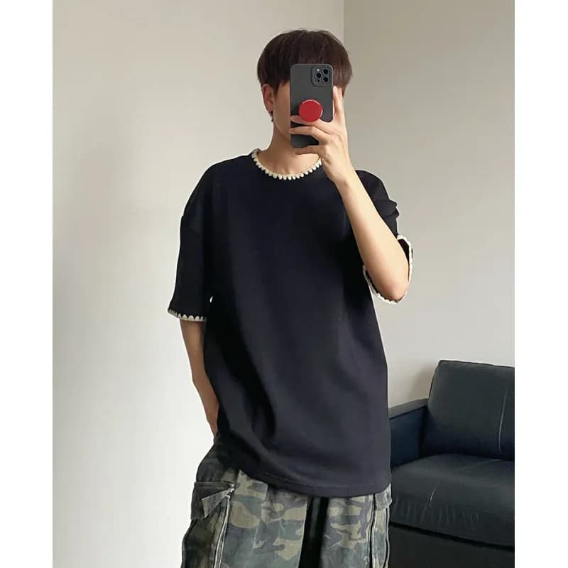 2026 Summer Men's Fashion Casual Loose Pure Cotton American High Street Cool Beach Style Shell Embroidery Craft Short Sleeve T-s