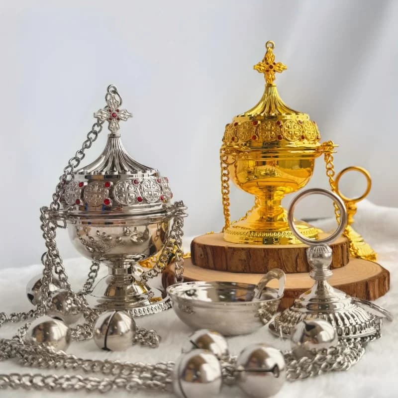 12 Bells Orthodox Censer Thurible Hanging Incense Burner with 4 Chains Gold Silver Liturgical Church Supplies Religious Gift