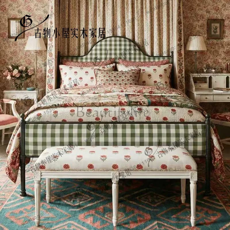 Nordic retro plaid soft bag bed/American retro solid wood master bedroom bed/size can be customized