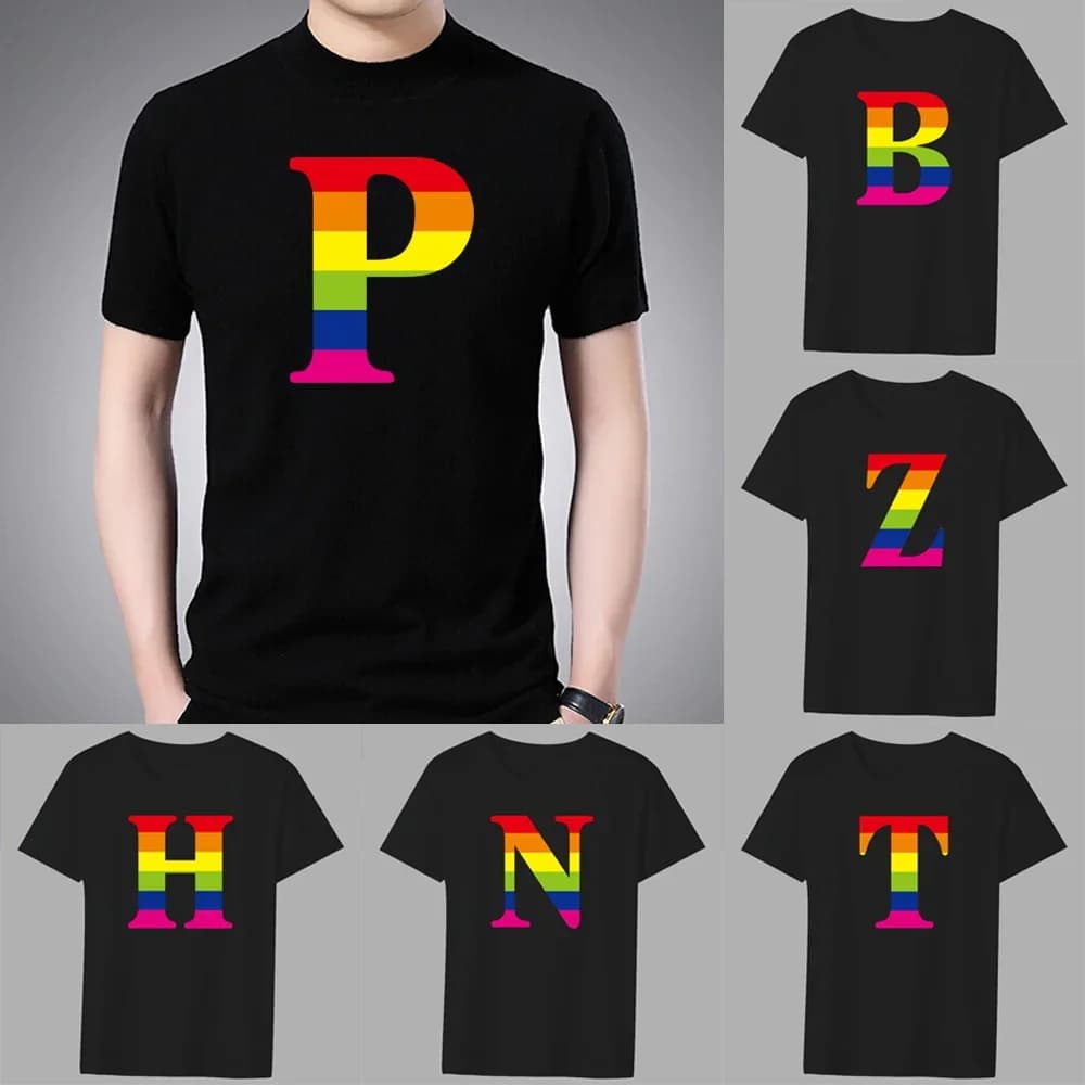 Men's T-shirt Basic Print Short Sleeve Anime Top Rainbow  Lettern Series Casual Black  O-neck Youth Commuter Comfortable Shirt