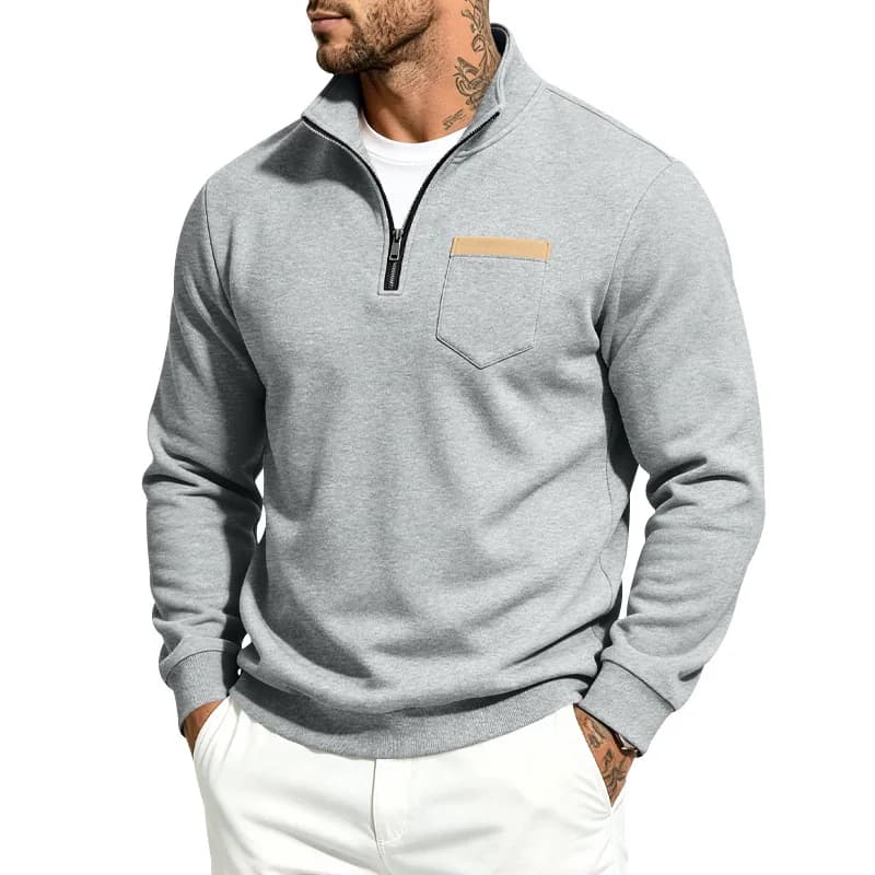 autumn/Winter fleece jacket with half-zip front, stand-up collar design, single pocket, casual long-sleeved warm men's style