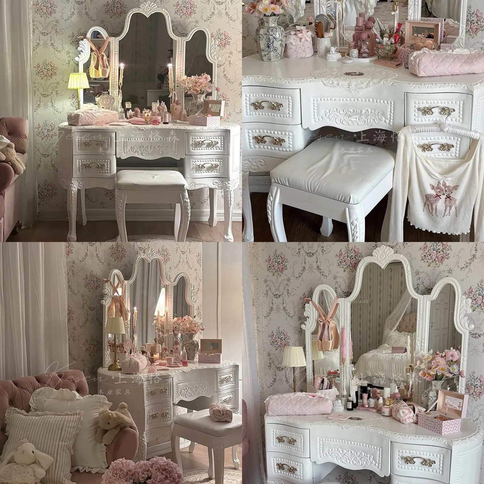 Elegant Solid Wood French American Style Vanity Table with Mirror for Girls, Modern Simple Dresser Makeup Desk Bedroom Furniture