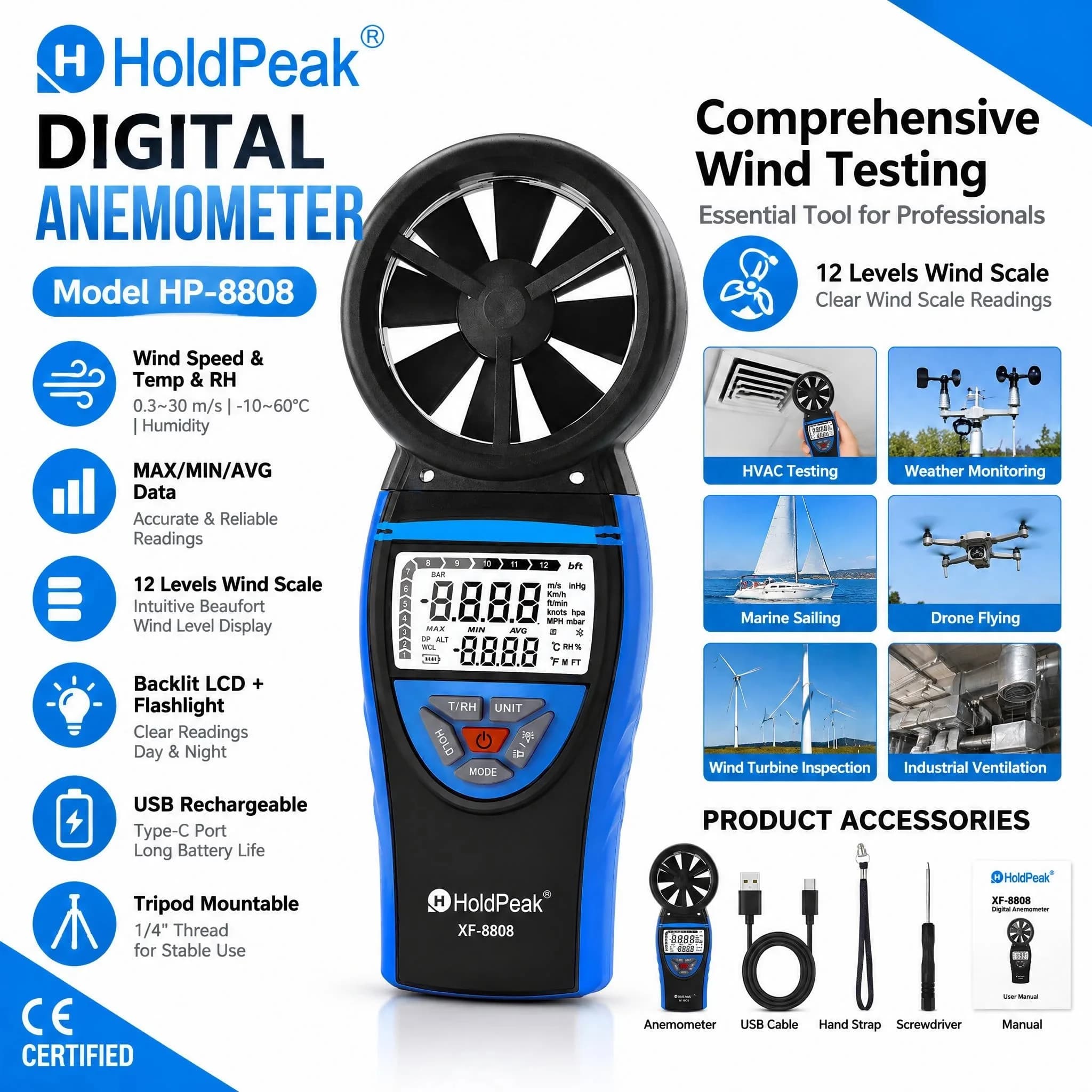 HoldPeak 8808 8-Blade Anemometer Temp Humidity Wind Speed Meter Backlight Flashlight Rechargeable MAX/MIN/AVG for HVAC