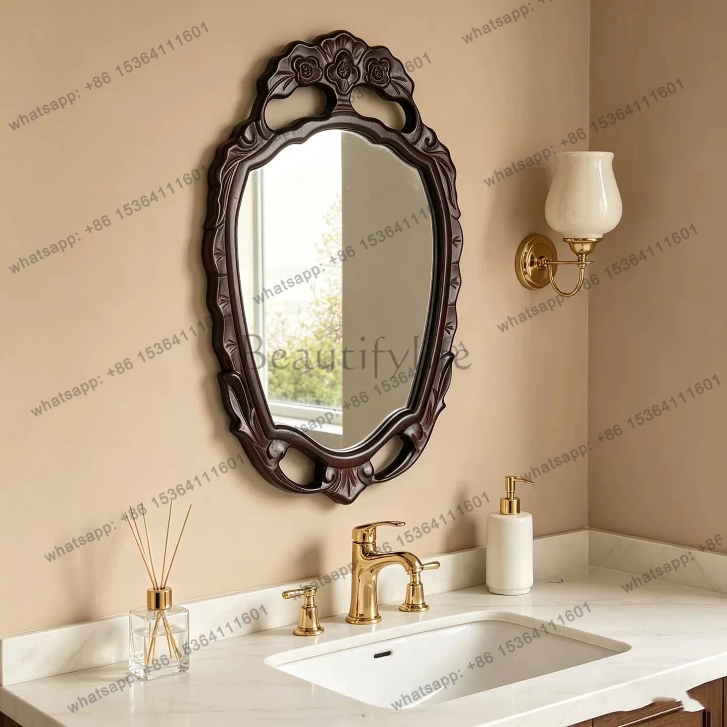 Wabi Sabi retro bathroom mirror new Chinese special-shaped carved makeup mirror