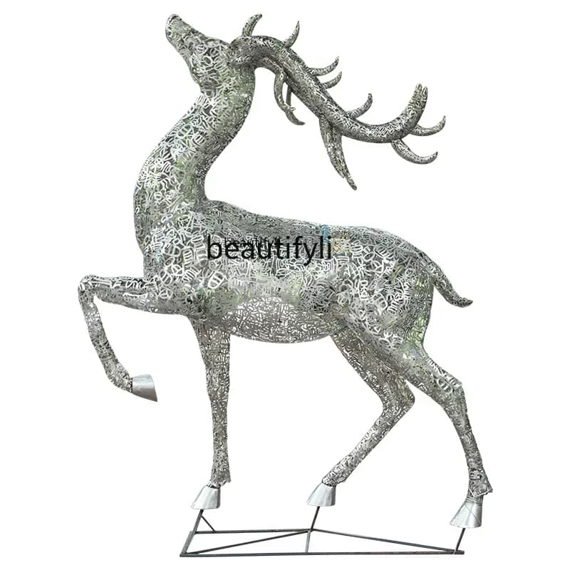 xx1Stainless Steel Hollow Deer Sculpture Hotel Outdoor Landscape Luminous Decoration Floor Ornaments