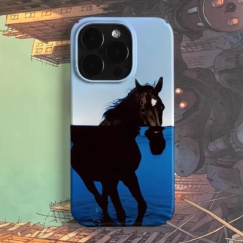 Blue Seawater Black Horse Art Phone Case for IPHONE 17 Air 16E 15 PROMAX 14 Plus 13 12 MINI 11 16Plus XR XS Acrylic Phone Cover