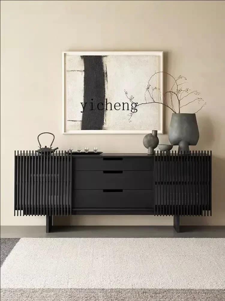 Light French Black Solid Wood Dining Side Cabinet Retro Foyer Entrance Cabinet Wall Decorative CabinetD17