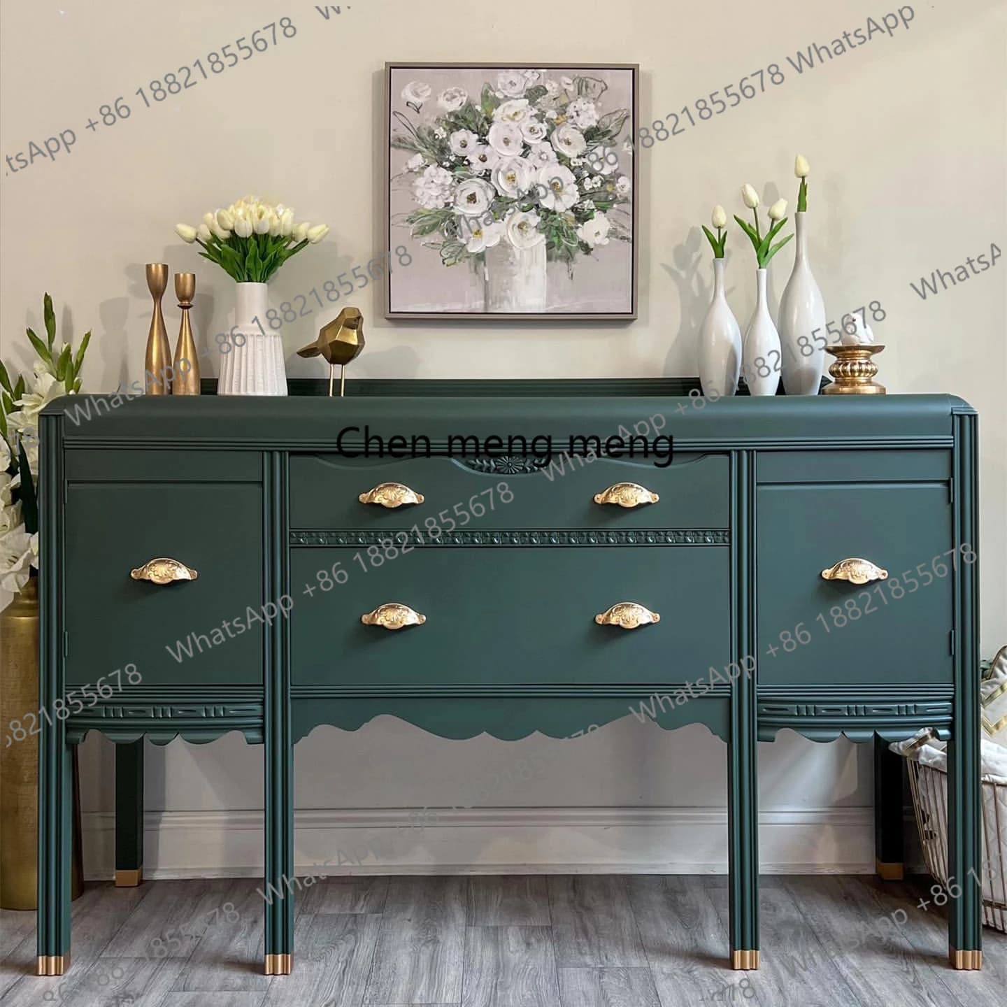 French retro solid wood carving entrance cabinet American living room home decoration cabinet art wall storage cabinet