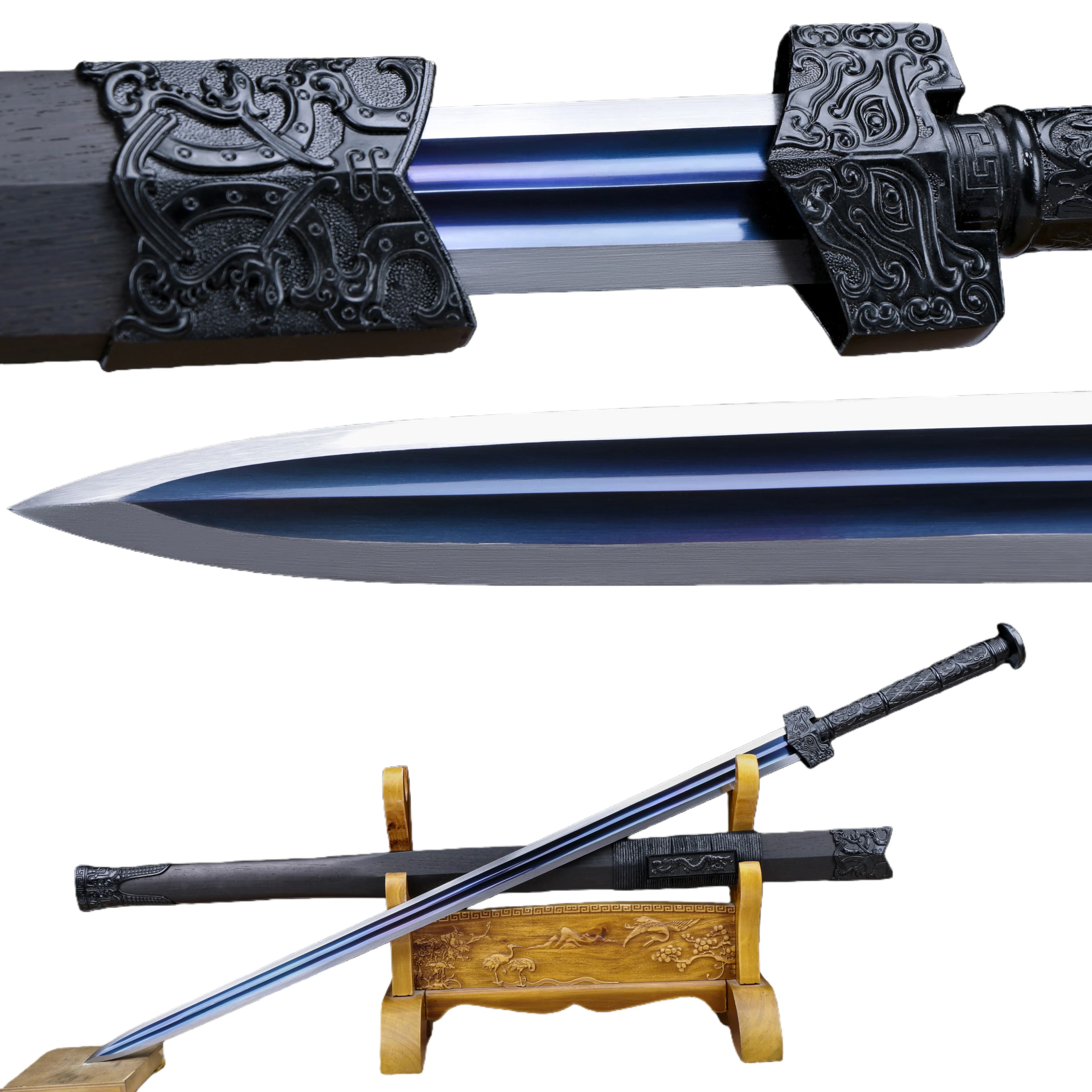 108cm Chinese Black Dragon Warrior Sword, double blood groove baked blue steel blade, sharp katana Medieval Royal Knight Warrior