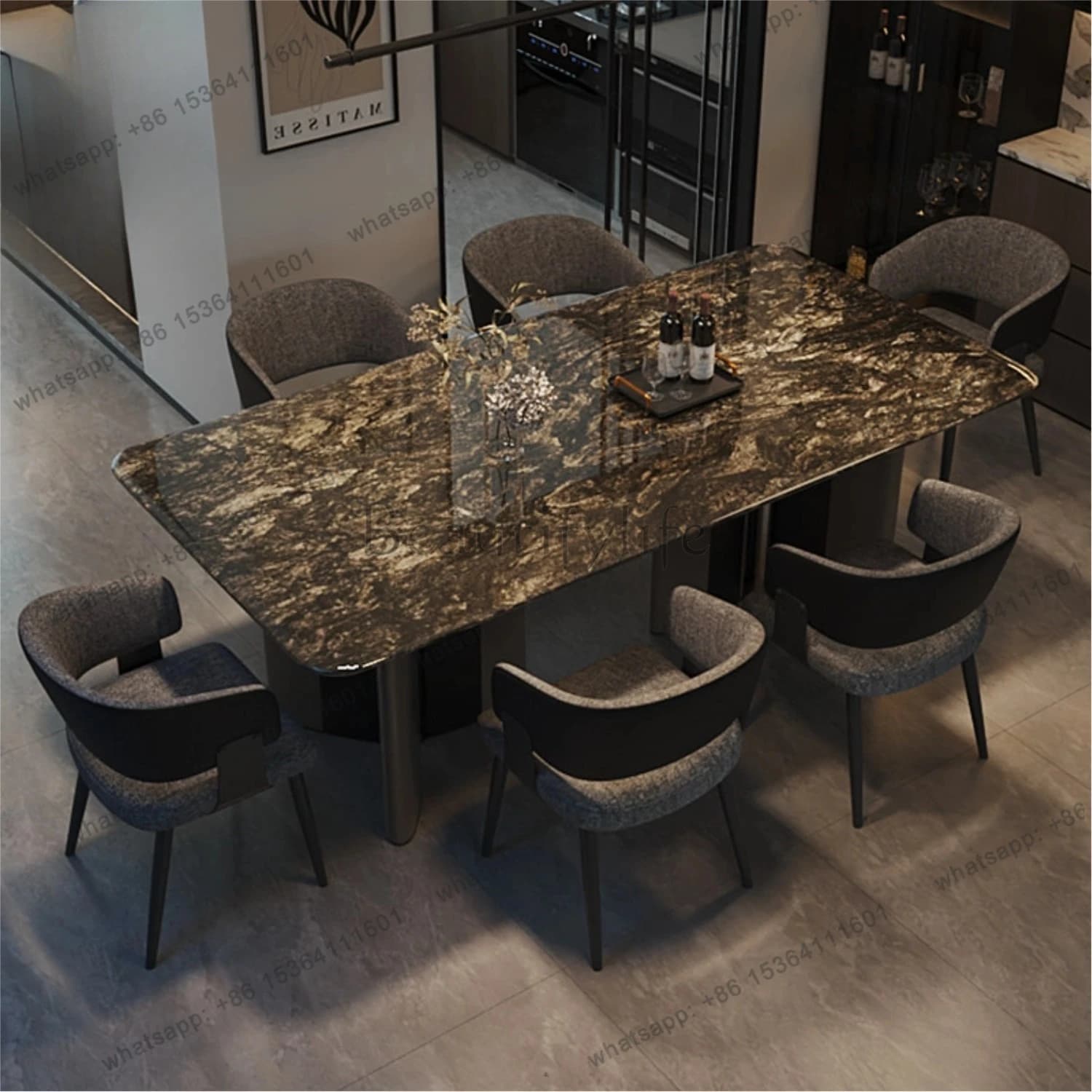 Natural platinum diamond luxury stone marble dining table high-end rectangular table S grade rough stone