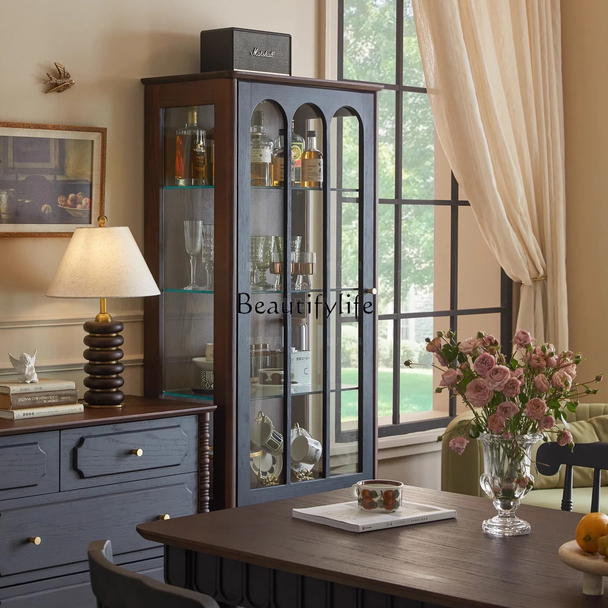 French solid wood glass wine cabinet, antique black wall integrated locker