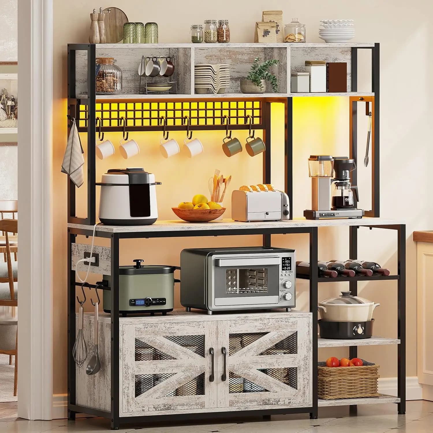 47.2 Inch Bakers Rack with Power Outlet, Microwave Stand with Storage, Farmhouse Coffee Bar Cabinet Station, Customized