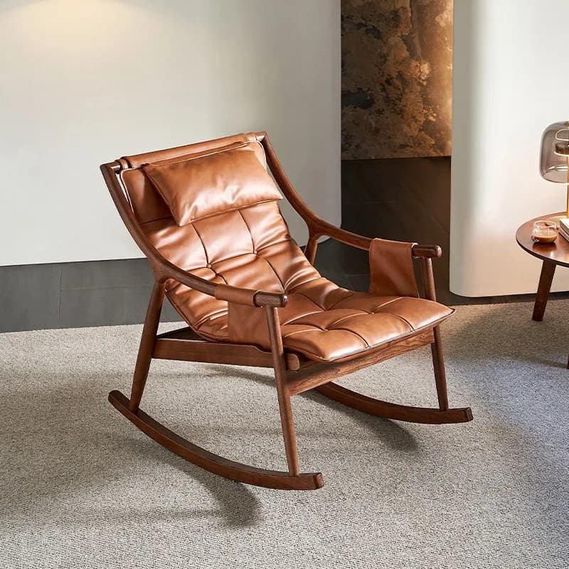 Solid wood leather rocking chair, leisure sofa master bedroom recliner, household Chinese balcony rocking chair adult household