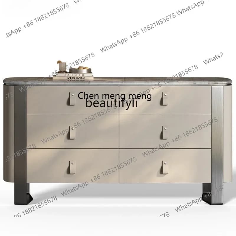 cc182R11 Italian Minimalist Light Luxury Chest of Six Drawers Natural Marble Sideboard Stainless Steel High-End Leather Custom L