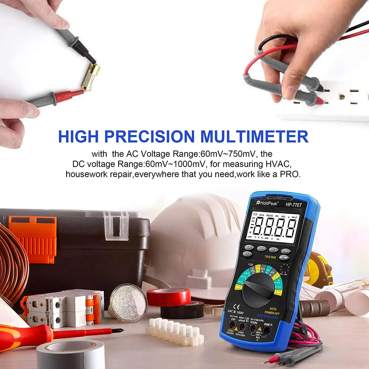 HOLDPEAK HP-770T Digital Multimeter 6000 Counts TRMS DMM CATIII 1000V, Auto Ranging, Data Hold, NCV, AC/DC Amp Ohm Volt Meter