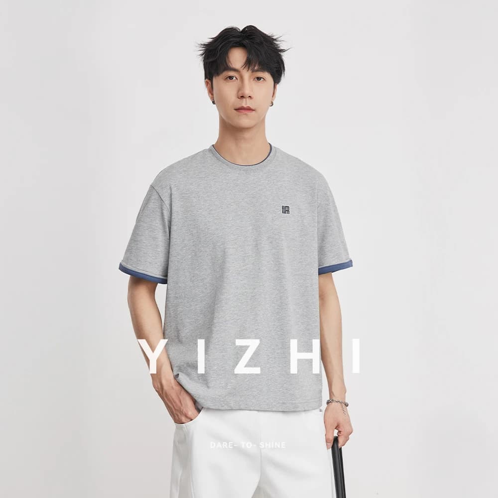 260g Heavyweight Contrast Color Crew Neck Short Sleeve T-Shirt Men Summer Casual Slightly Dropped Shoulder Loose Trendy Tops