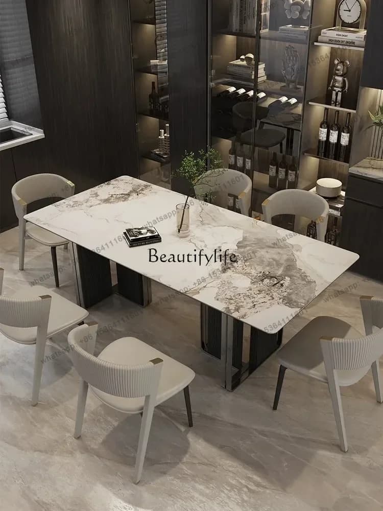 12Italian light luxury rock slab dining table modern simple household rectangular stainless steel high-end dining table