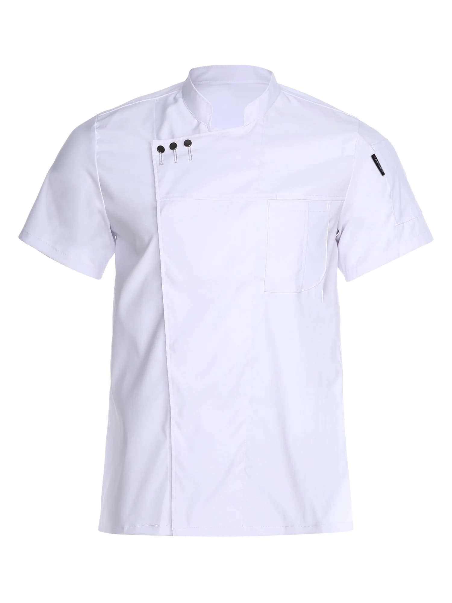 Men Women Cooking Chef Coat Kitchen Uniform Jacket Stand Collar Short Sleeve Press Button Shirt for Restaurant Hotel Cafe Bakery