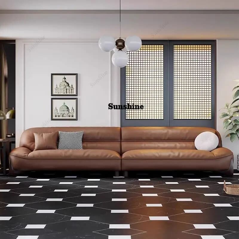 Italian high-end sofa, simple straight row living room leather sofa