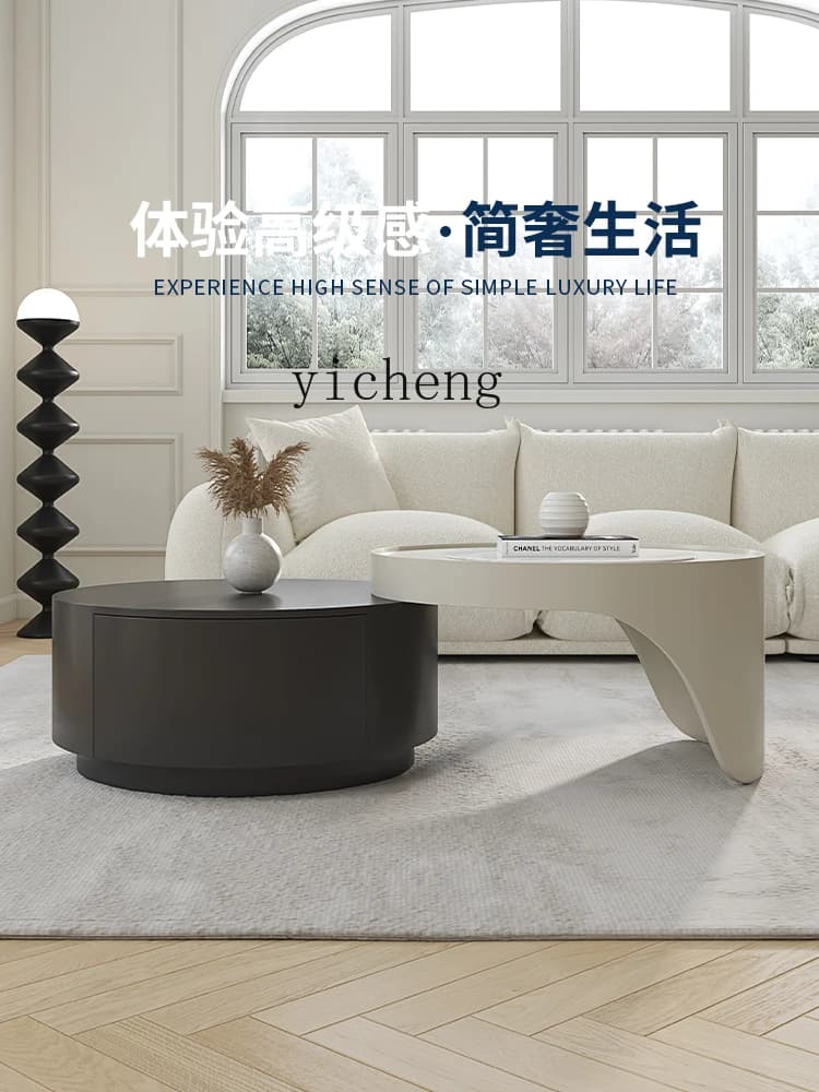 DSA coffee table living room household small apartment high-end cream wind rock slab folding round TV cabinet