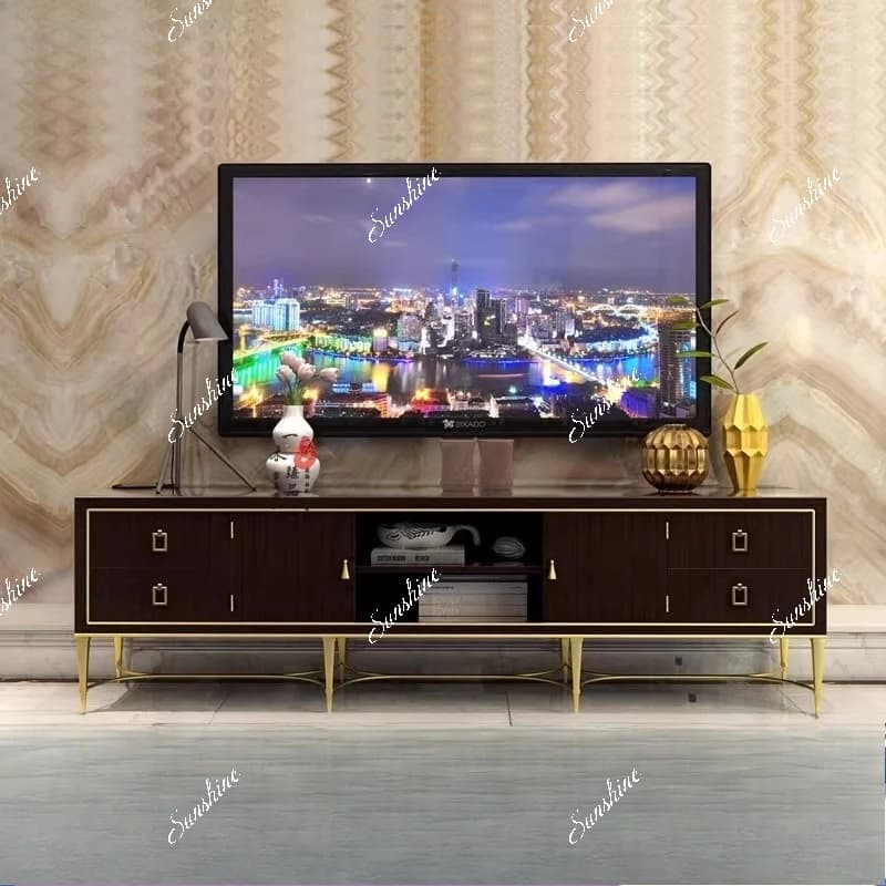 New American solid wood TV cabinet living room square stainless steel floor cabinet