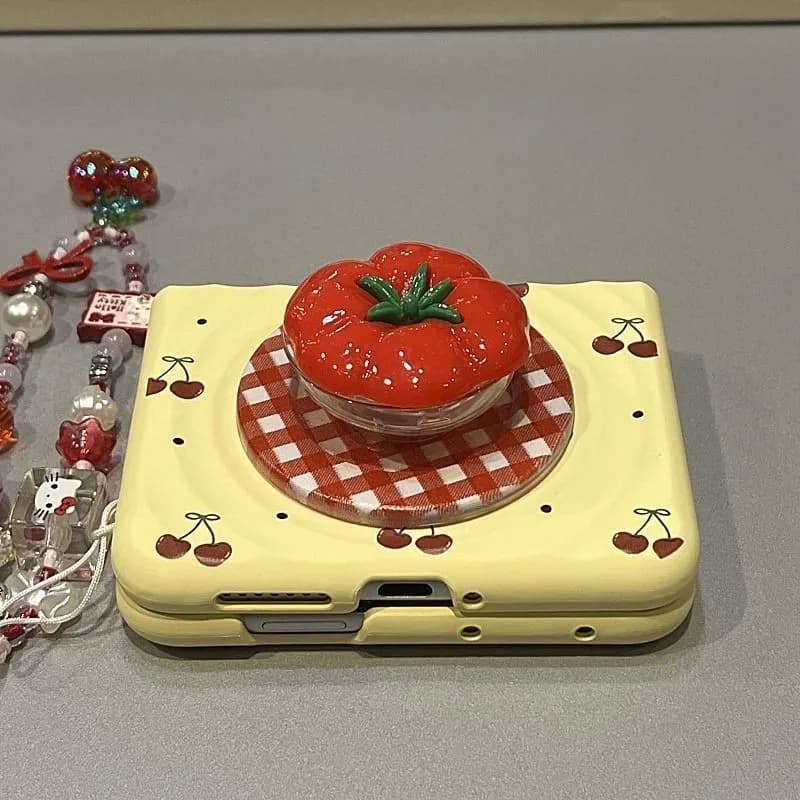 Kawai Tomato Women Magnetic Stand Phone Case for Samsung Z Flip7 6 5 OPPO Find N3 Flip/Xiaomi Mix Flip Cute Cherry Hard Cover