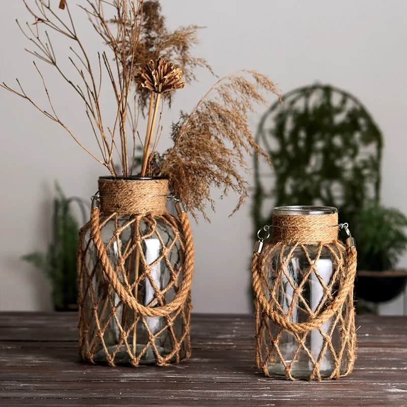 Bohemian Vintage Creative Handwoven Mesh Pocket Clear Glass Vase Portable Floral Hydroponic Vase Decorative Ornament