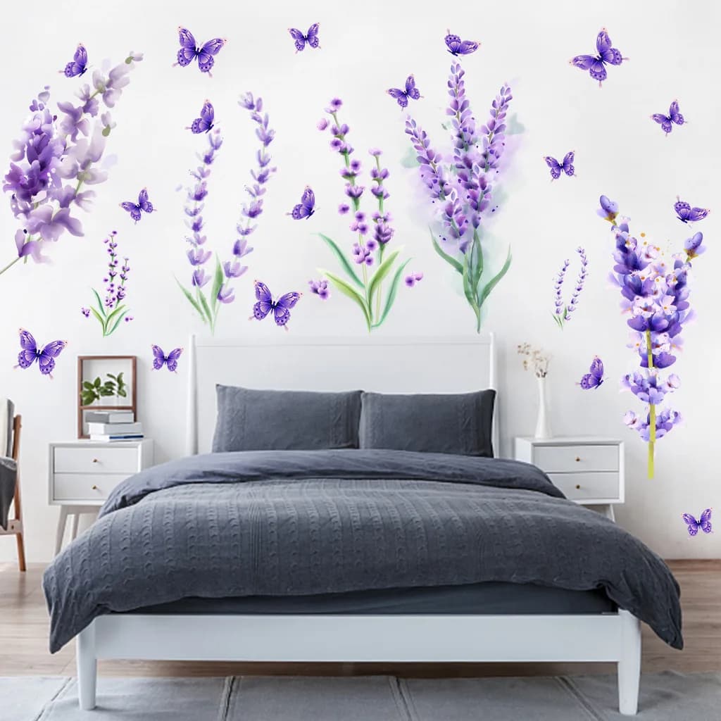 Purple Flower Butterfly Wall Sticker Lavender Home Decoration Waterproof Self-adhesive Stickers Bedroom Living Room Wall Decor
