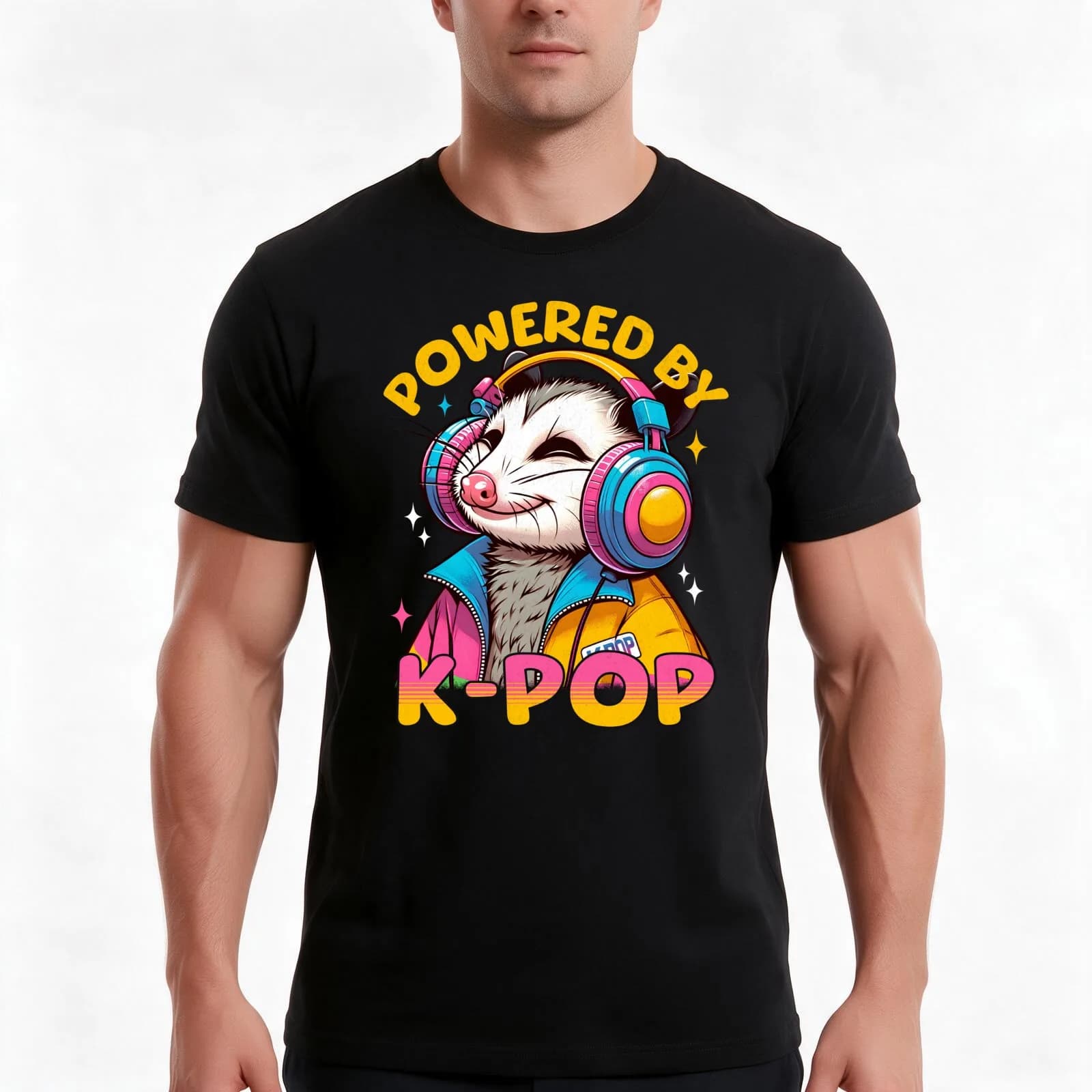 Powered By K Pop Opossum T-Shirt, Summer Casual Cotton Tee, Oversized Streetwear Tops, Vintage Graphic Print, Unisex Men Women