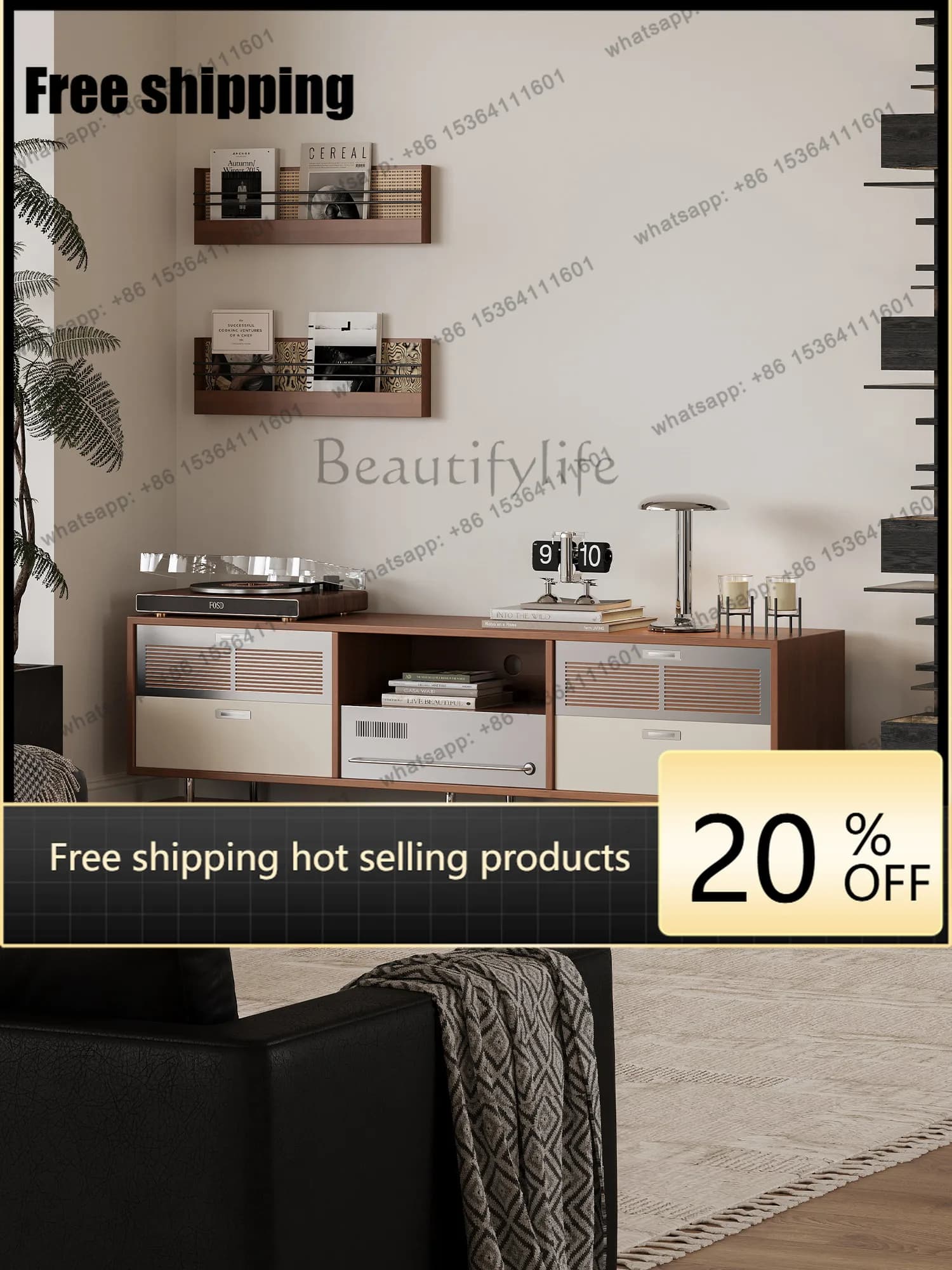 FG retro cream drawer TV cabinet wooden living room wall storage cabinet