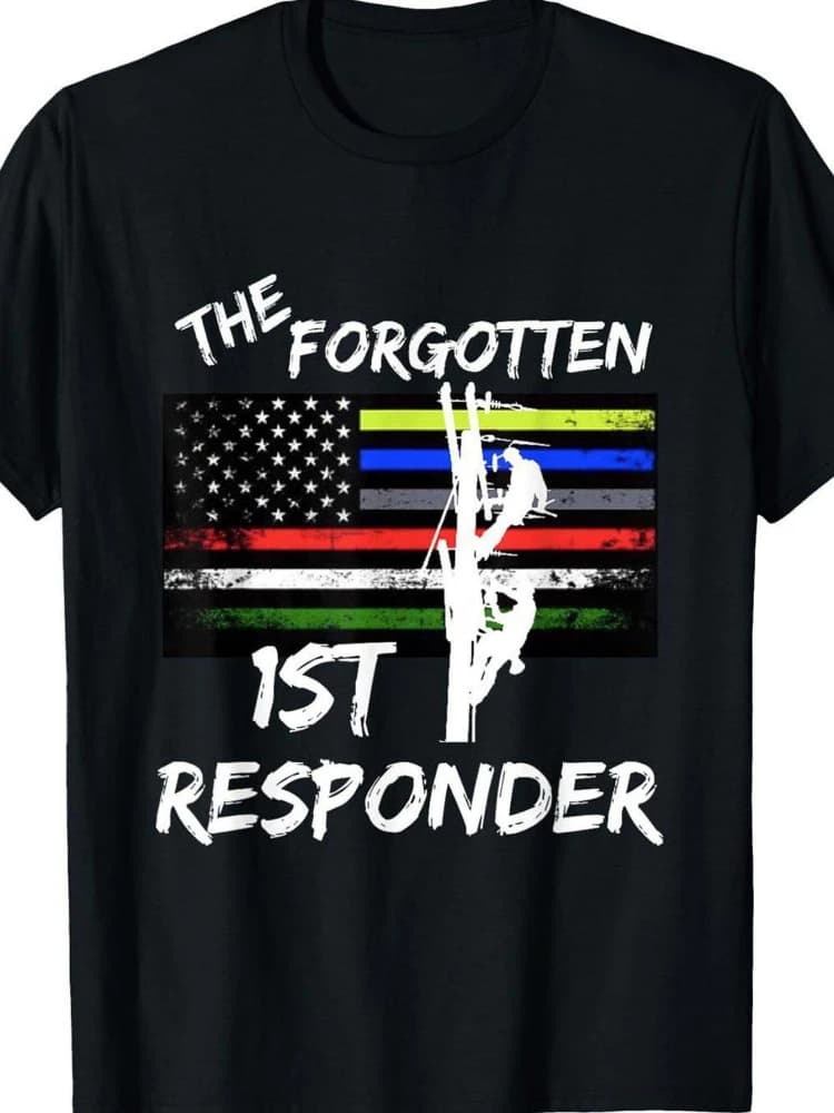 Electrical Lineman with Distressed American Flag,Power Line Worker Badge&Thumbs Up Design cotton printed men's T-shirt.