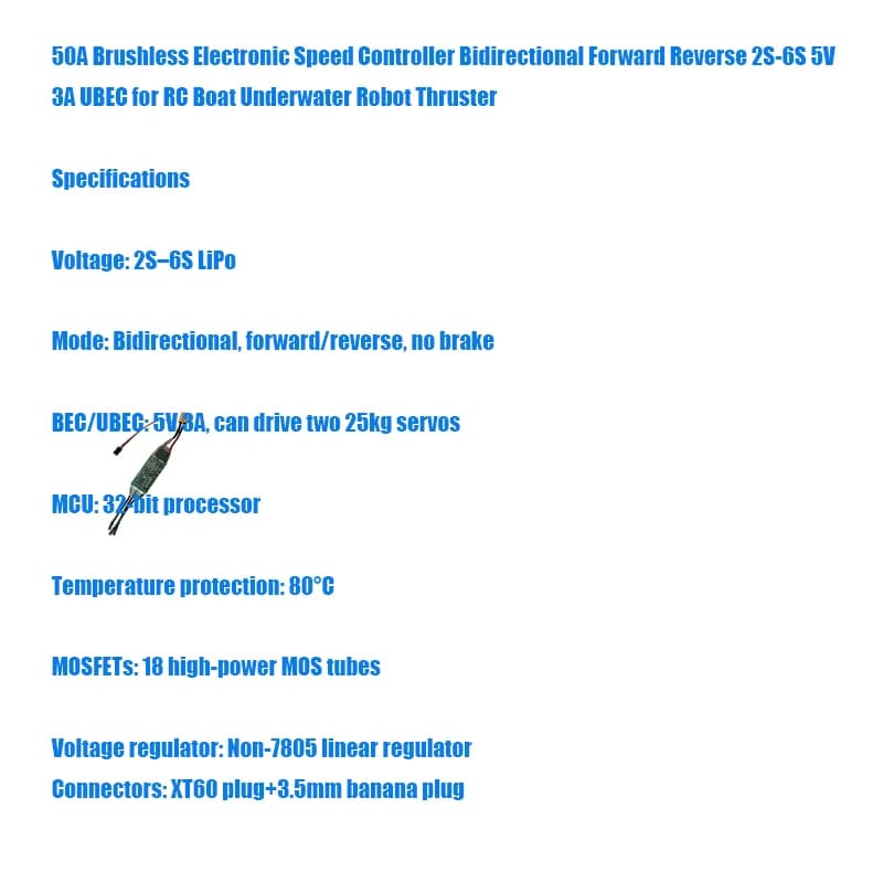 50A Brushless Electronic Speed Controller Bidirectional Forward Reverse 2S-6S 5V 3A UBEC for RC Boat Underwater Robot Thruster