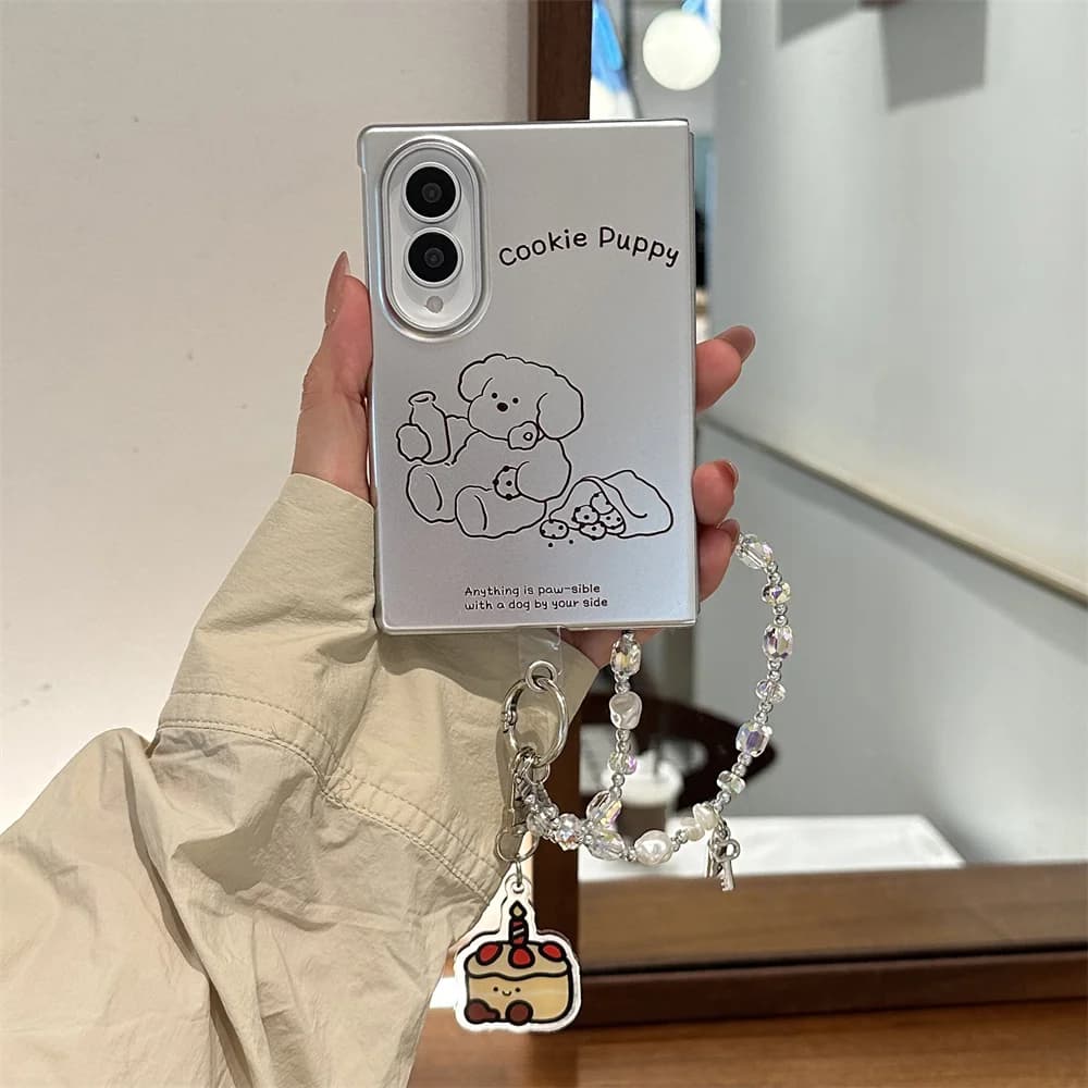 Cute Line Drawing Cookie Puppy Phone Case For Samsung Galaxy Z Fold 8 Ultra Silver Protective Cover Chain Pendant For Women