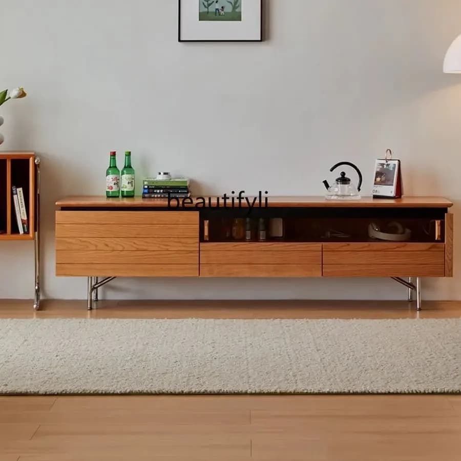 X TV Cabinet Solid Wood Rock Plate Stainless Steel Legs Storage Cabinet Small Apartment Japanese Style Tea Table Combination