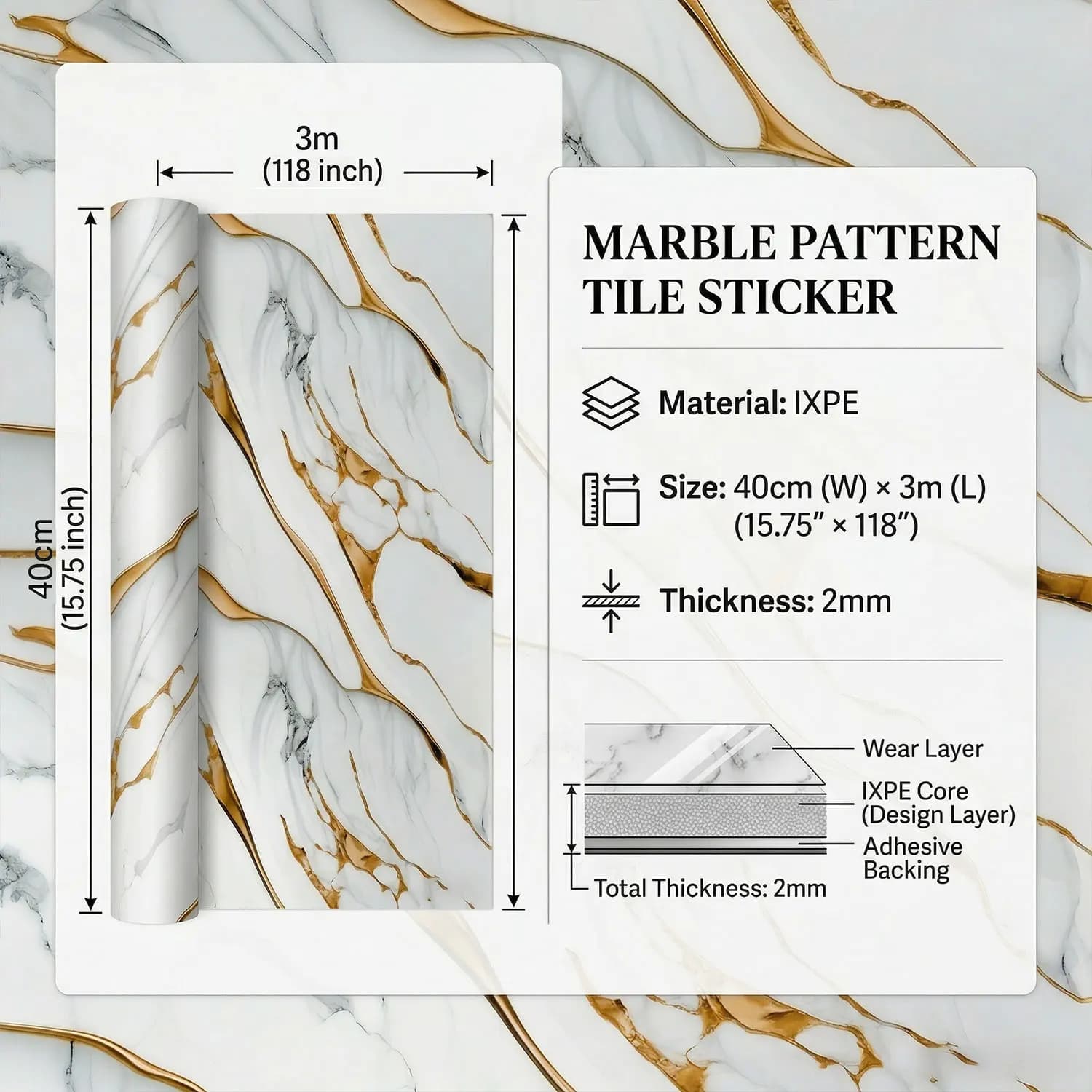 Golden Vein Marble Wallpaper Tile Effect Peel Stick Waterproof Oil Proof Self Adhesive Sticker for Kitchen Counter Wall Decor