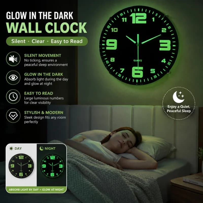Luminous Silent Wall Clock Round Non Ticking Glow In The Dark Large Numerals Quartz Clock Bedroom Living Room Home Decor Gift