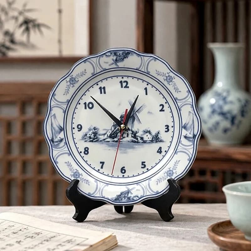 Blue and White Ceramic Plate Silent Seat Clock New Chinese Watch Retro Desktop Clock Decor Ornament Living Room Hanging Clock