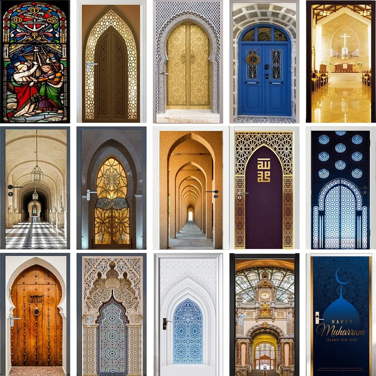 Islamic Archway Gold Pattern Door Mural Sticker, Waterproof Removable Peel and Stick Door Decal for Home Decor