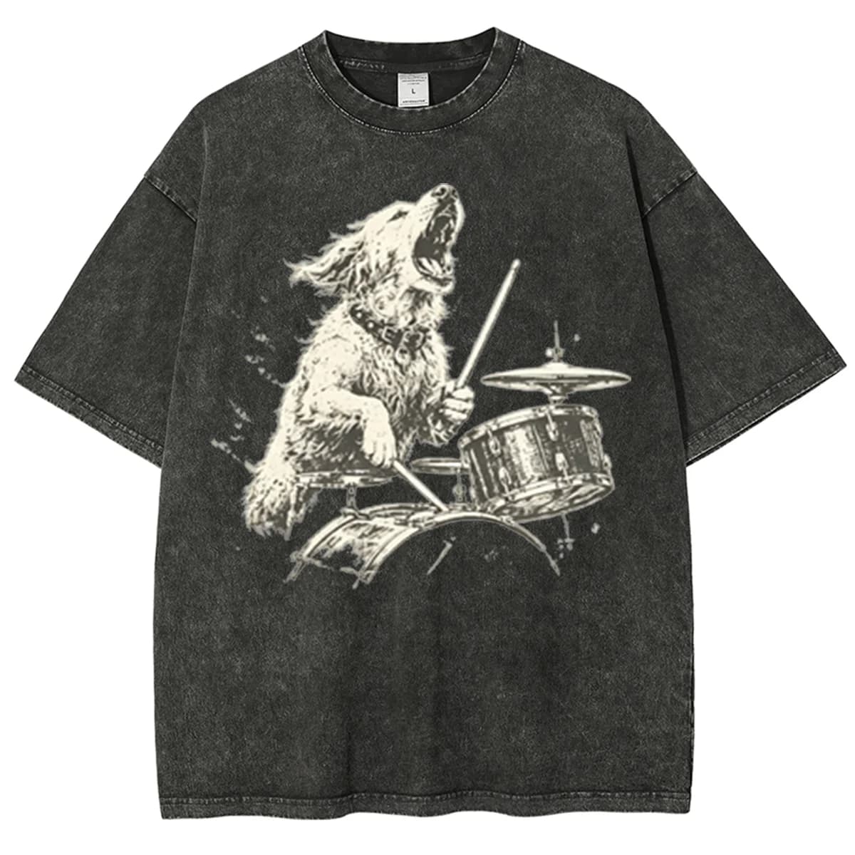 Vintage Rock Music Graphic Tee Excited Drummer Golden Retriever Dog Playing Drums Print Funny Pet Musician Casual Unisex Tee