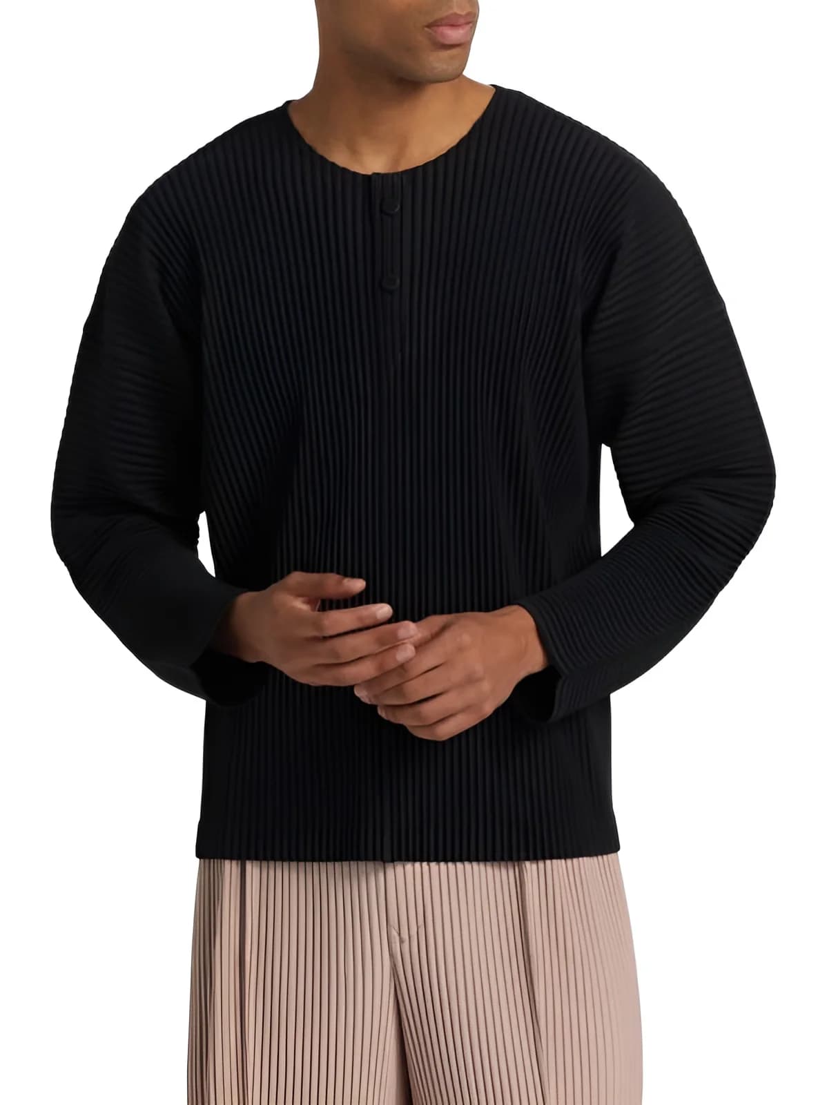Miyake Men's Pleated T-Shirt Long Sleeve Henley Neck Casual Top