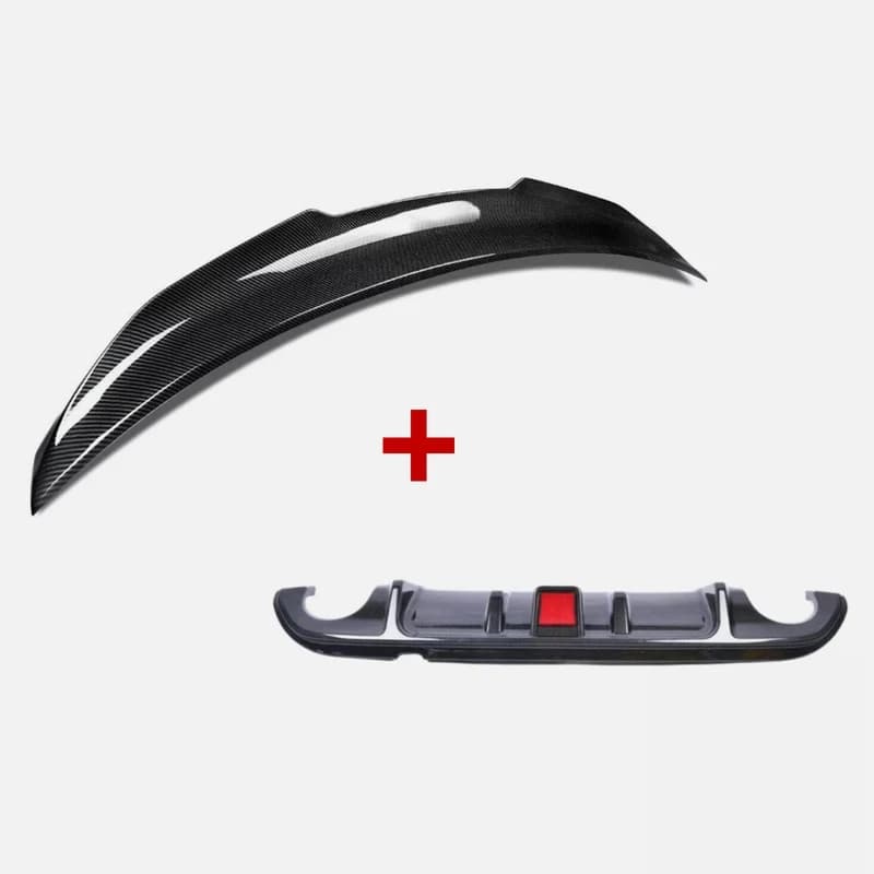 2PCS Carbon Fiber Rear Diffuser & Trunk Spoiler With LED Light Gloss Black Sedan 2014-2017 Sport Styling Body Kit
