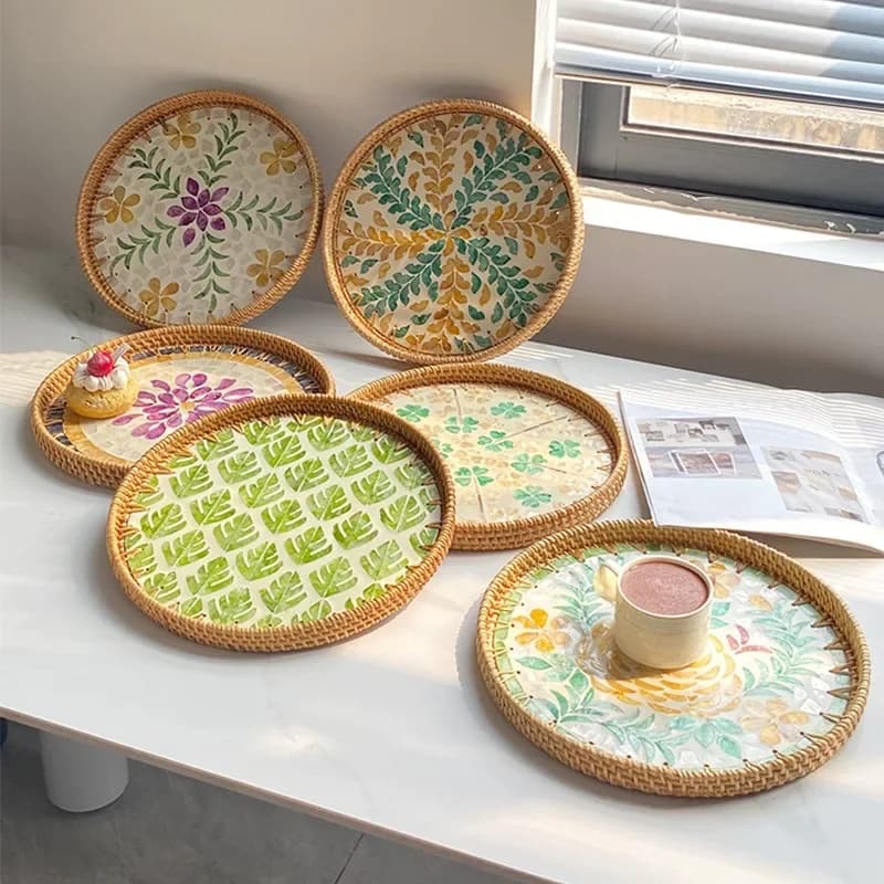Handmade Rattan Round Tray, Colorful Shell, Storage Tray, Household Guest, Dining Room, Tabletop Decoration, Home Decor