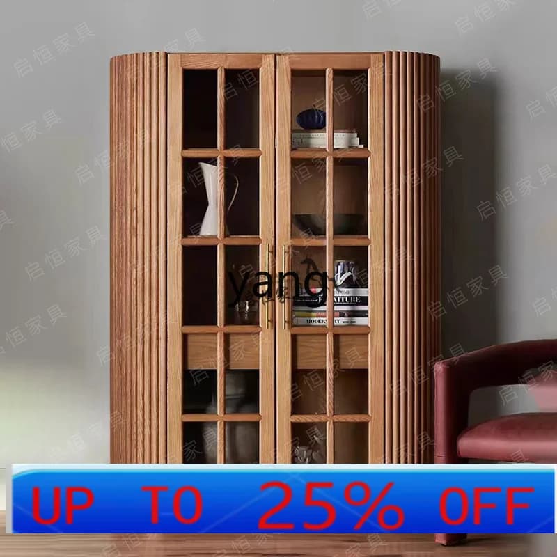 LH  French retro solid wood bookcase American light luxury glass wine cabinet living room decorative cabinet