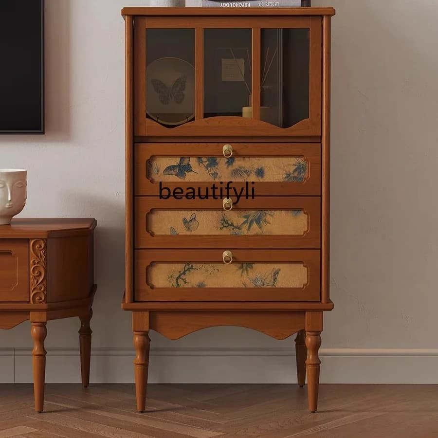 French Retro Style Solid Wood Chest of Drawers Original Multi-Scene Flip Door Glass Side Cabinet