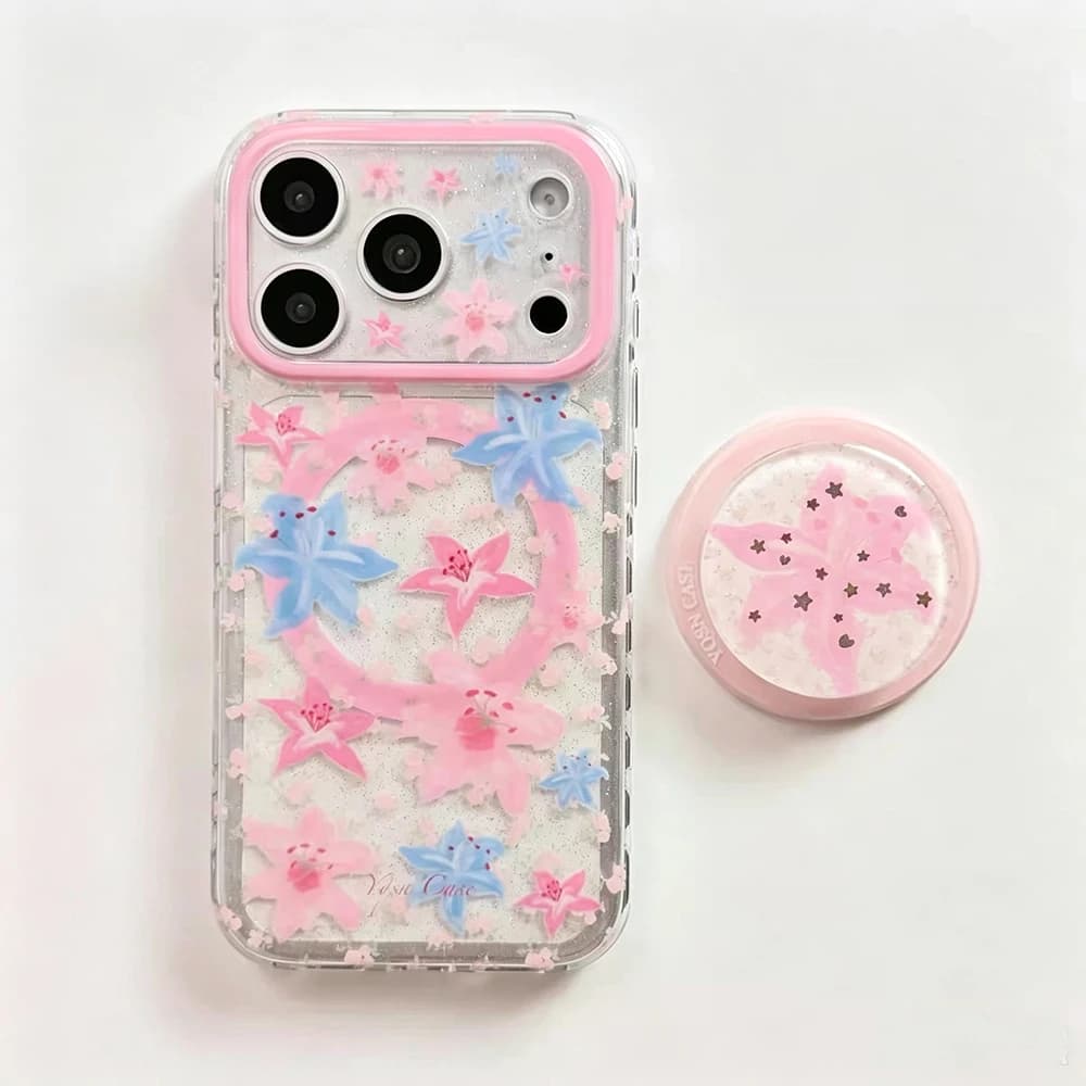Cute Pink Lily Flower Pattern Glitter Magnetic for Magsafe Phone Case for IPhone 18pro 17 16 15 Pro Max Wireless Charging Cover