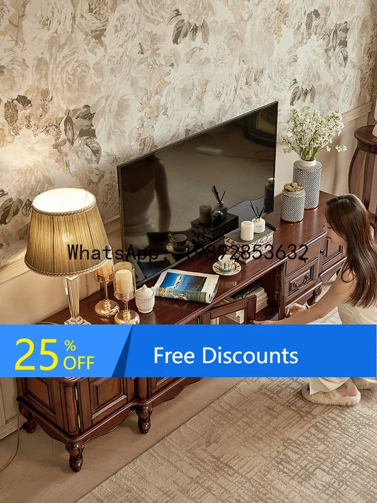 Neoclassical Solid Wood TV Cabinet 2.2m Villa Large Apartment 2.4m TV Cabinet
